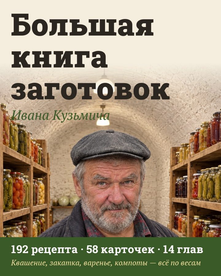 Обложка «Большая книга заготовок Ивана Кузьмича»: 192 рецепта, 58 карточек, 14 глав